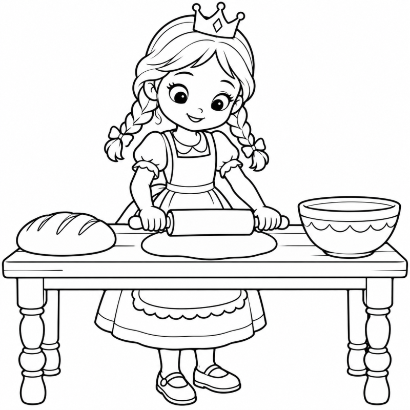 Desenho para colorir de uma princesa preparando pão com um rolo de massa