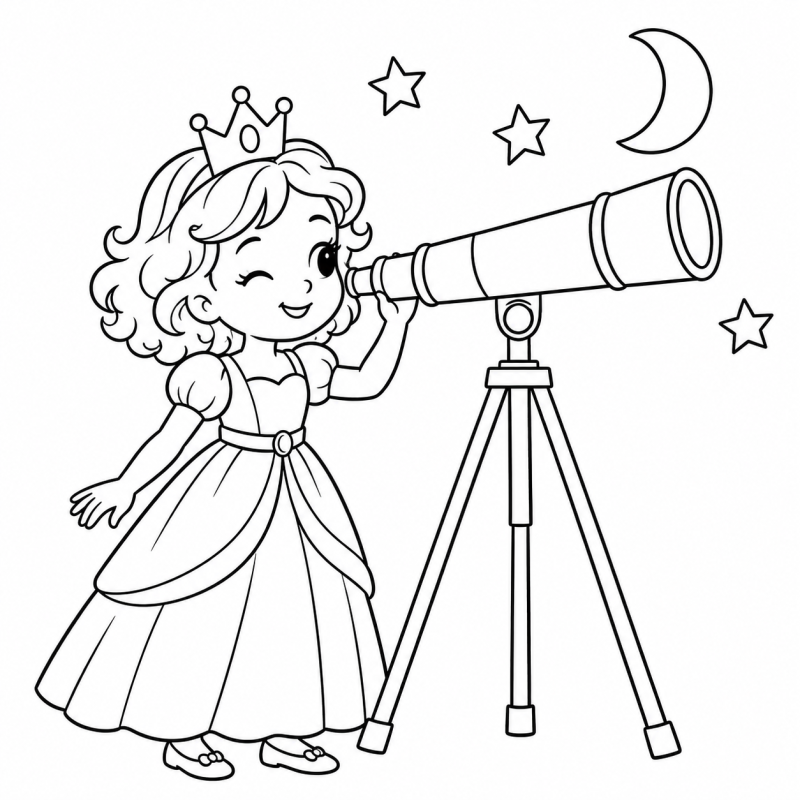 Desenho para colorir de uma princesa olhando por um telescópio em um tripé