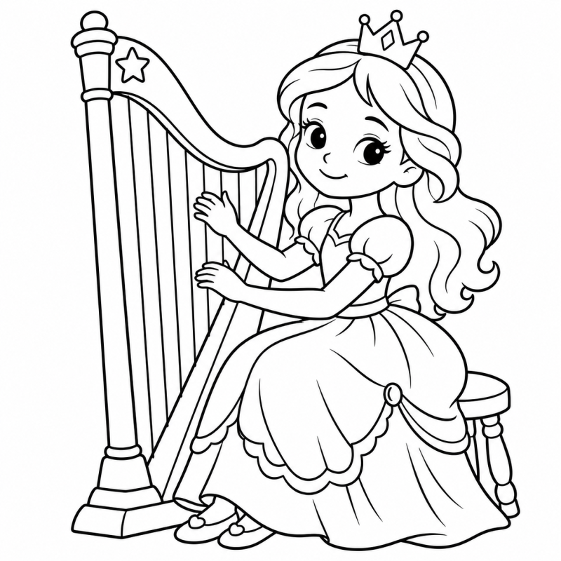 Desenho para colorir de uma princesa tocando uma harpa com enfeite de estrela