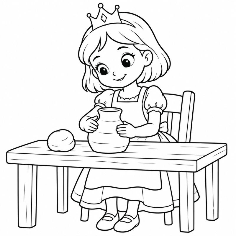 Desenho para colorir de uma princesa modelando um vaso de argila em uma mesa