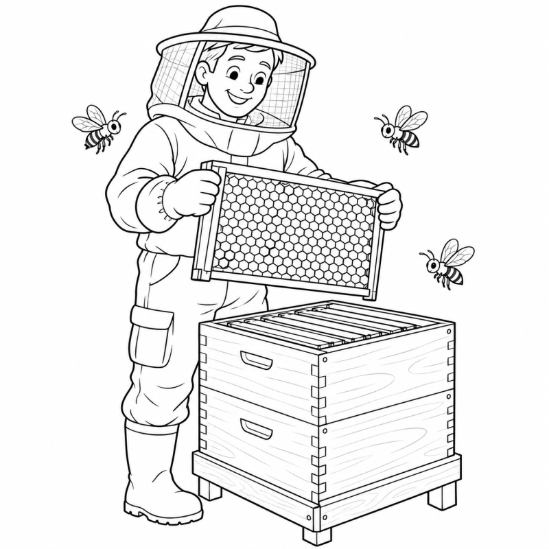 Desenho para colorir de apicultor com roupa protetora segurando favo sobre colmeia com três abelhas