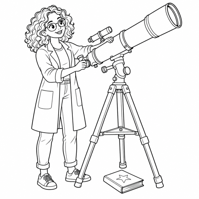 Desenho para colorir de astrônoma de óculos ajustando telescópio em tripé com livro de estrela no chão