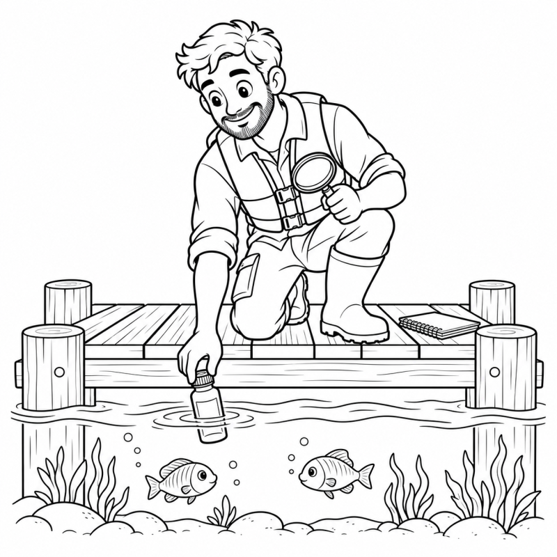 Desenho para colorir de biólogo marinho com frasco e lupa sobre deque com dois peixes na água