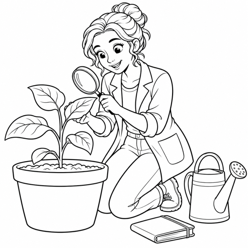 Desenho para colorir de botânica ajoelhada examinando uma folha com lupa ao lado de um vaso, regador e caderno