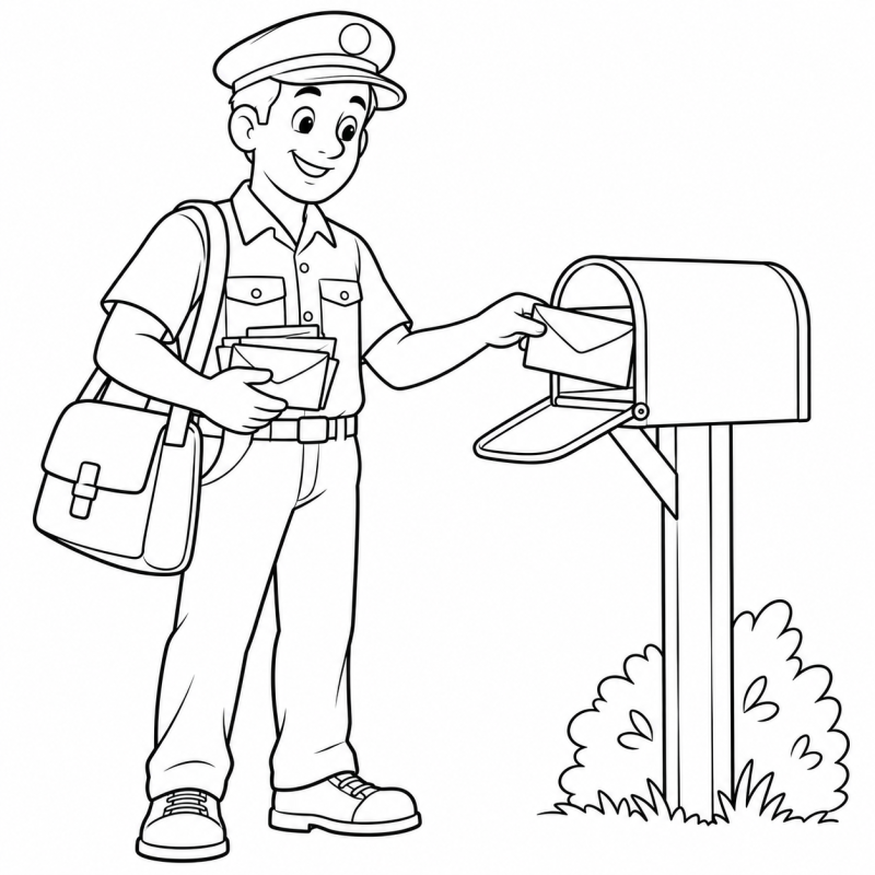 Desenho para colorir de carteiro com bolsa colocando envelope em caixa de correio sobre poste