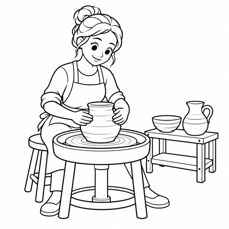 Desenho para colorir de ceramista de avental modelando vaso no torno ao lado de tigela e jarra