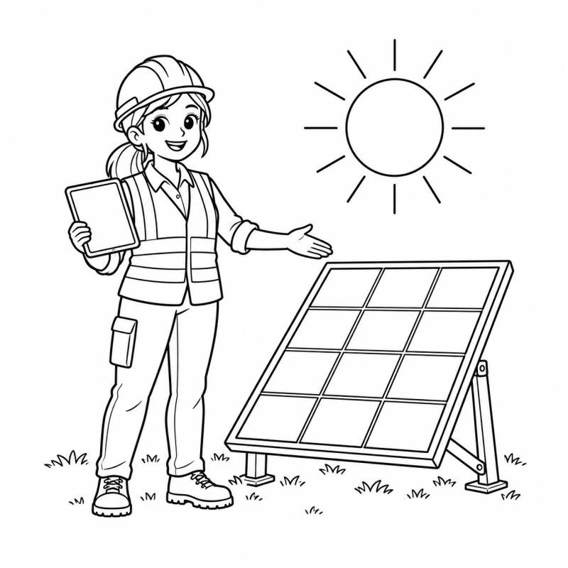 Desenho para colorir de engenheira de capacete com tablet apresentando painel solar sob um sol contornado