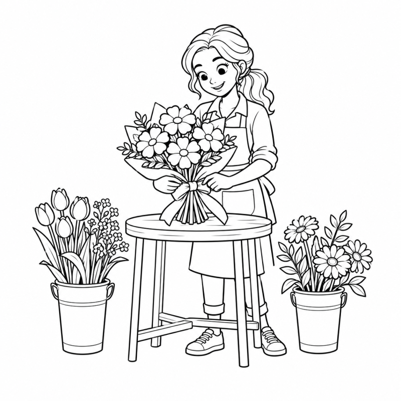 Desenho para colorir de florista amarrando laço em buquê sobre mesa redonda com dois baldes de flores