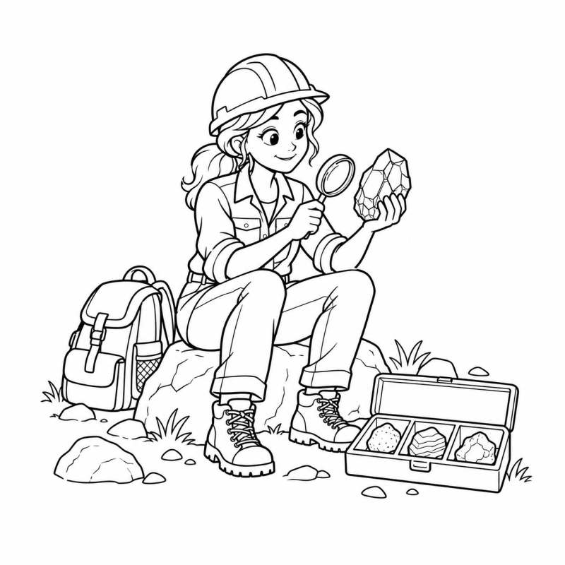 Desenho para colorir de geóloga de capacete examinando mineral com lupa ao lado de maleta com rochas