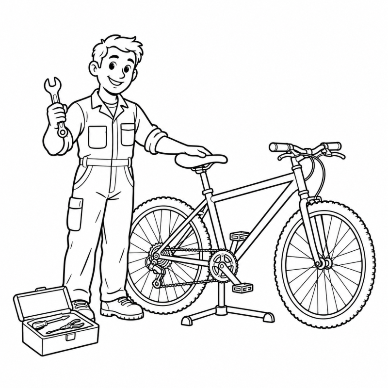 Desenho para colorir de mecânico com chave ao lado de bicicleta em suporte e caixa de ferramentas aberta