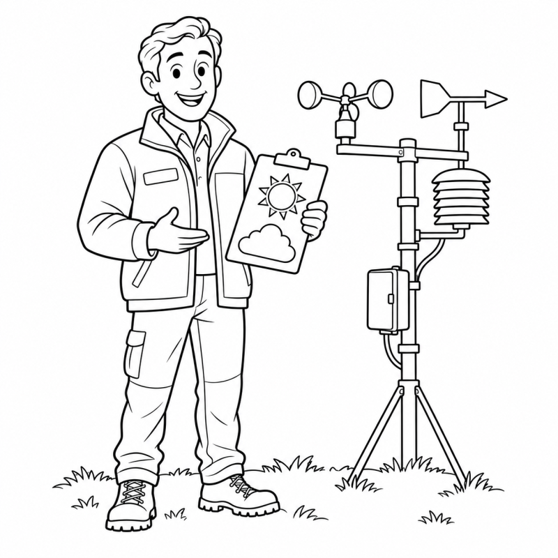 Desenho para colorir de meteorologista com prancheta de sol e nuvem ao lado de estação meteorológica