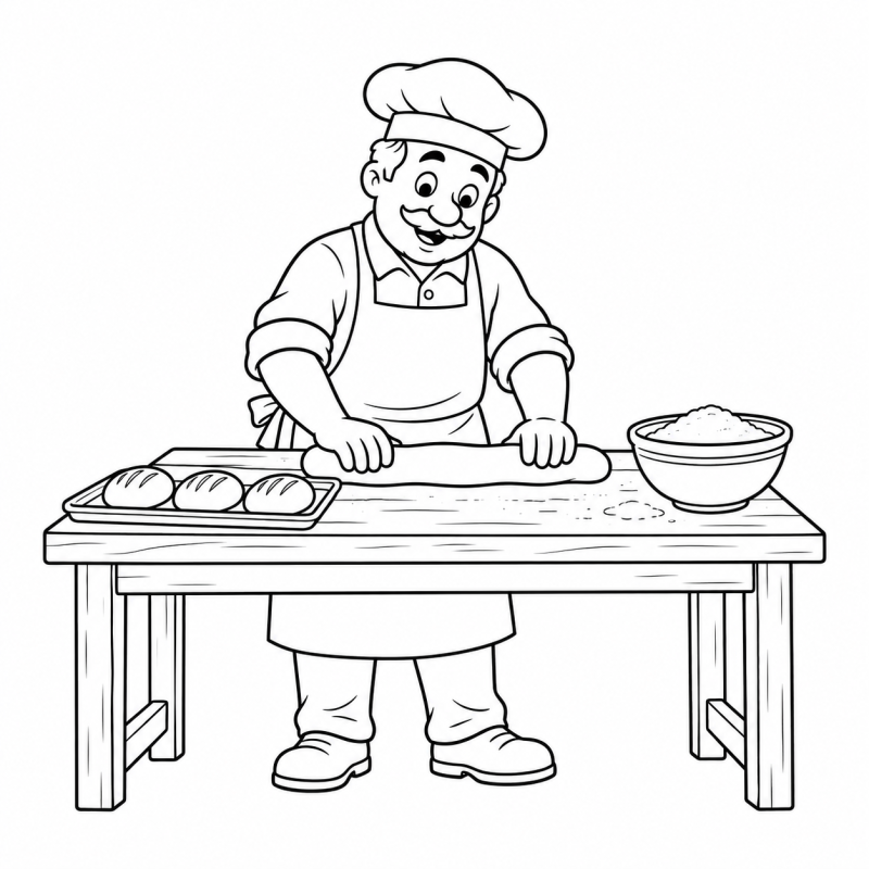 Desenho para colorir de padeiro de avental preparando massa com bandeja de três pães e tigela de farinha