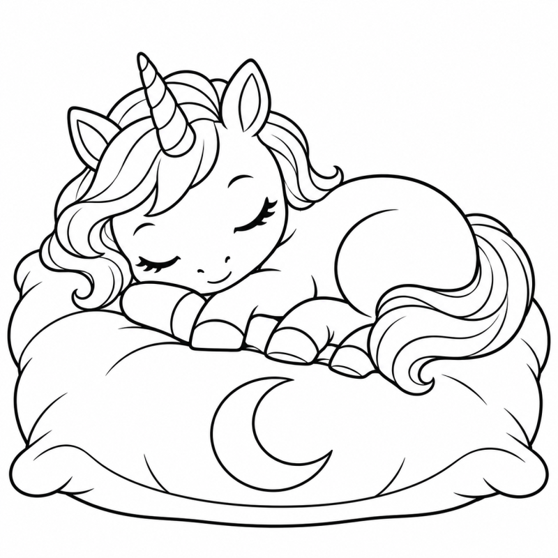 Desenho para colorir de um unicórnio dormindo sobre uma almofada com desenho de lua