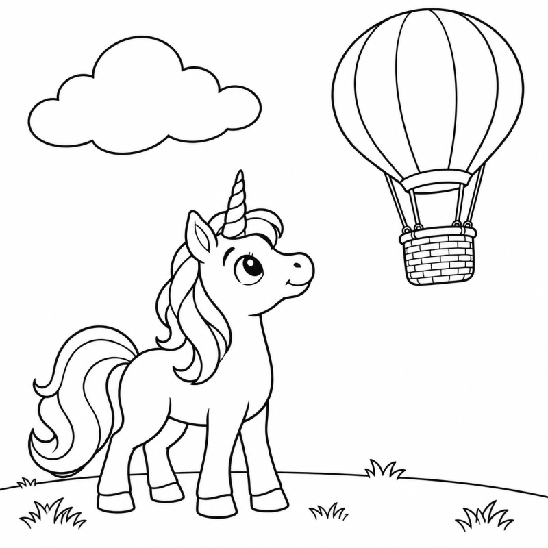 Desenho para colorir de um unicórnio olhando um balão de ar quente no céu