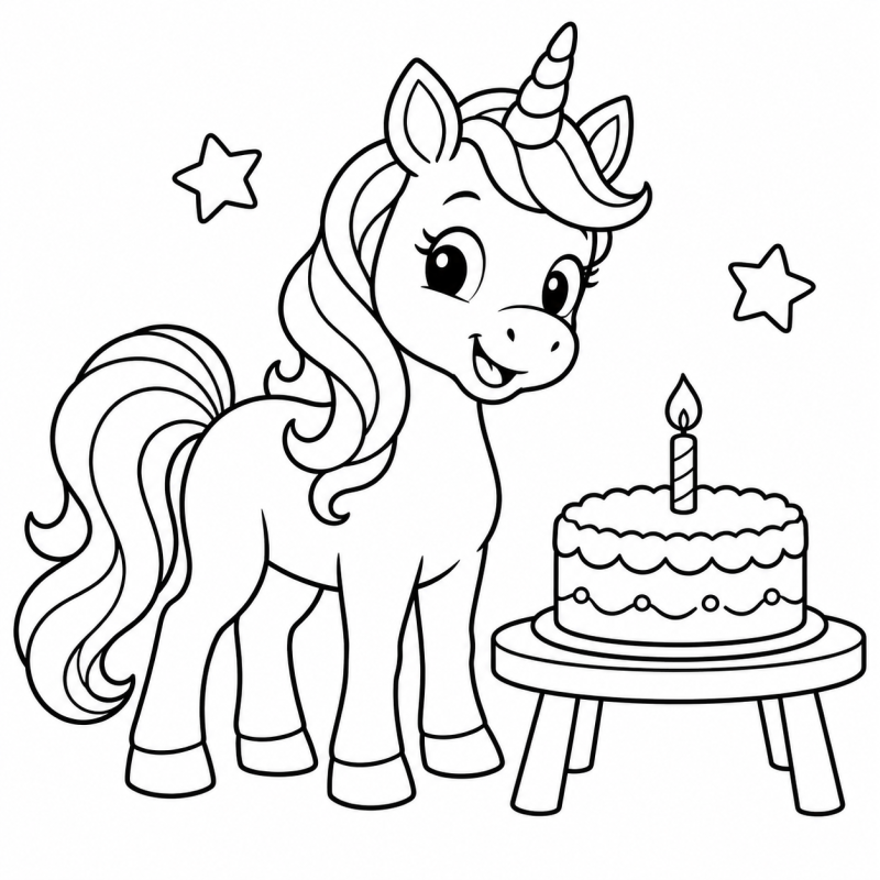 Desenho para colorir de um unicórnio ao lado de um bolo com uma vela