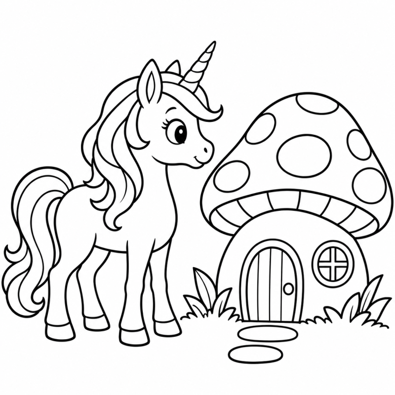 Desenho para colorir de um unicórnio diante de uma casinha em formato de cogumelo