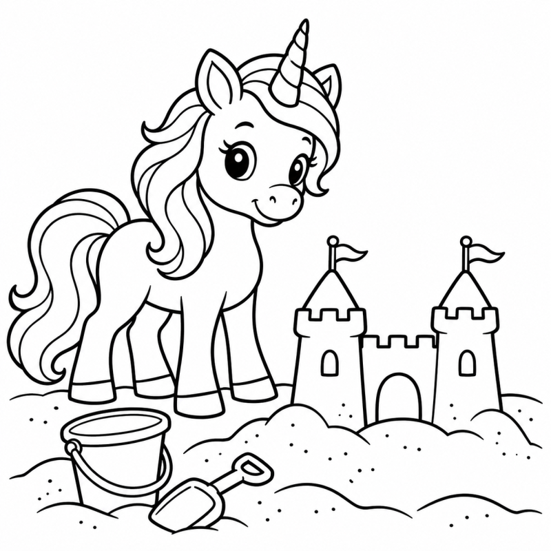 Desenho para colorir de um unicórnio ao lado de um castelo de areia e uma pazinha