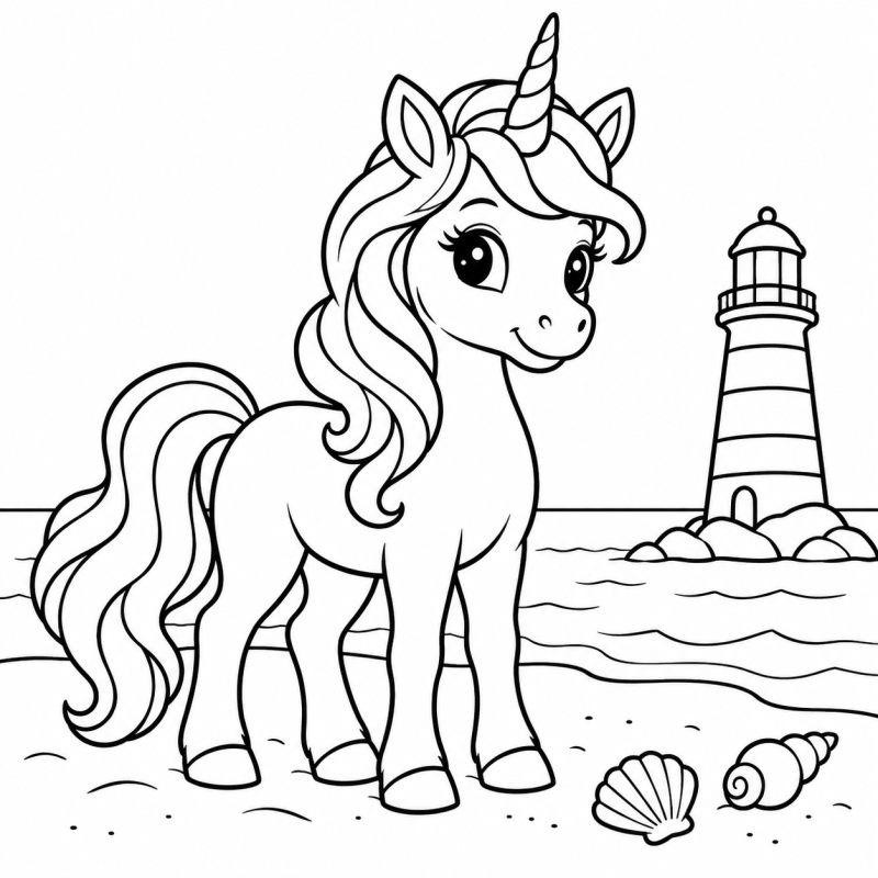 Desenho para colorir de um unicórnio perto de um farol e duas conchas na areia