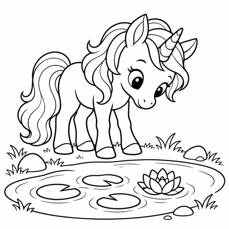 Desenho para colorir de um unicórnio na margem de um lago com folhas de nenúfar