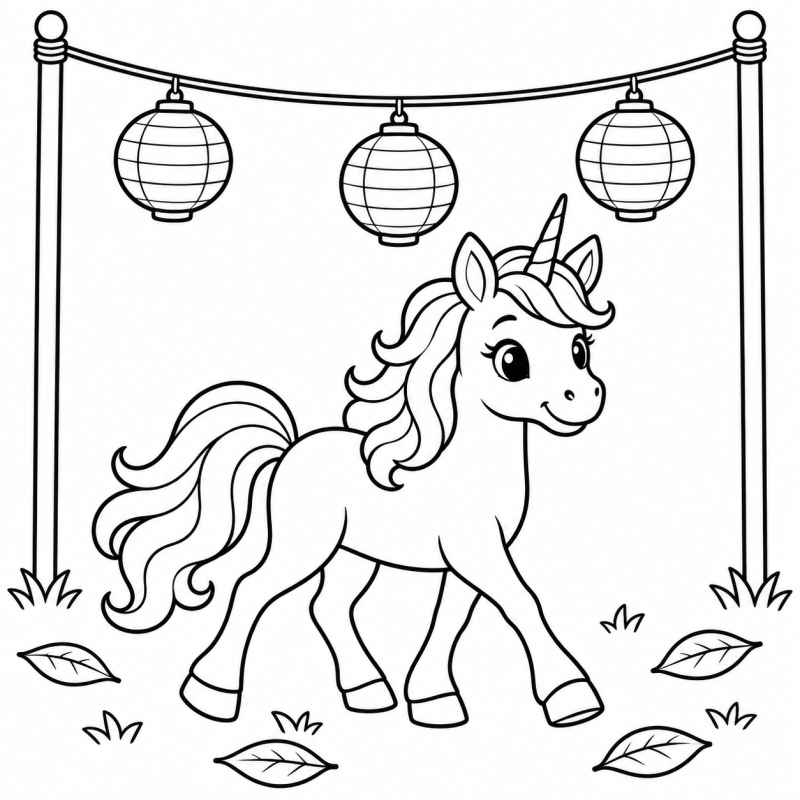 Desenho para colorir de um unicórnio andando sob três lanternas de papel