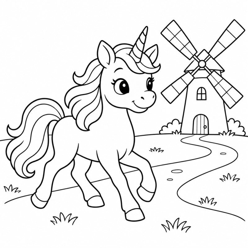 Desenho para colorir de um unicórnio perto de um moinho com quatro pás