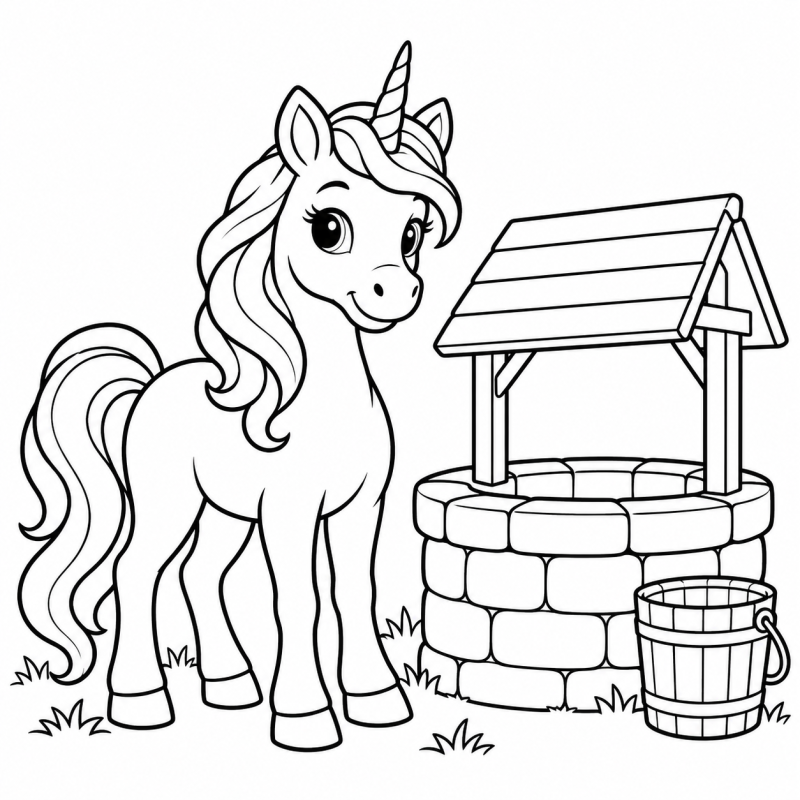 Desenho para colorir de um unicórnio perto de um poço com balde