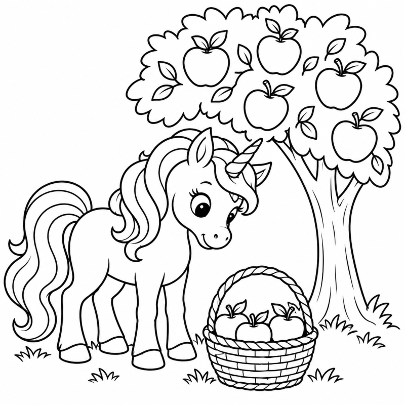 Desenho para colorir de um unicórnio embaixo de uma macieira ao lado de uma cesta