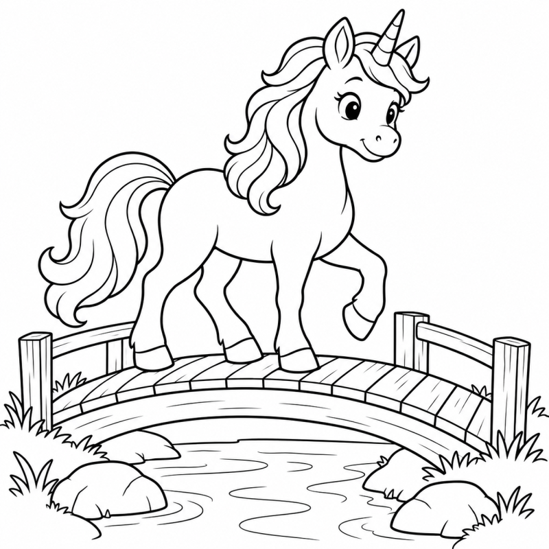 Desenho para colorir de um unicórnio atravessando uma ponte de madeira sobre um riacho