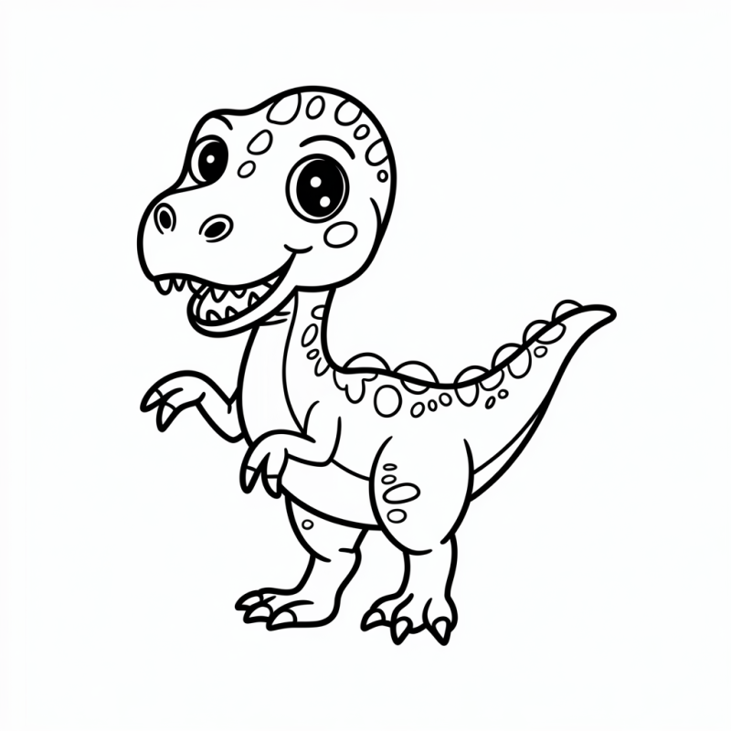 Desenho caricato em preto e branco de um dinossauro amigável para colorir