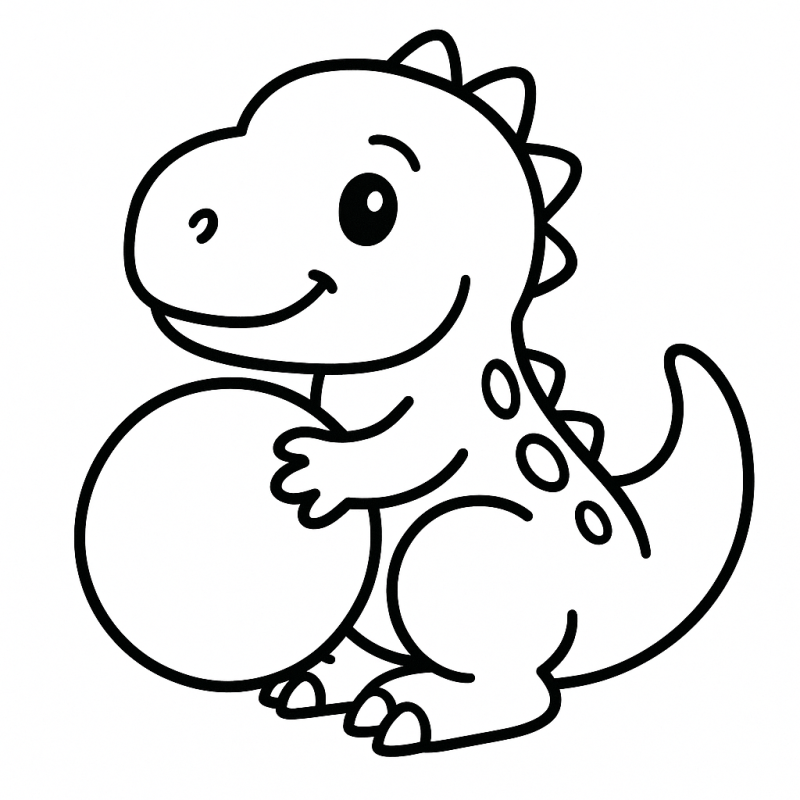 Desenho de dinossauro amigável em estilo cartoon segurando uma bola