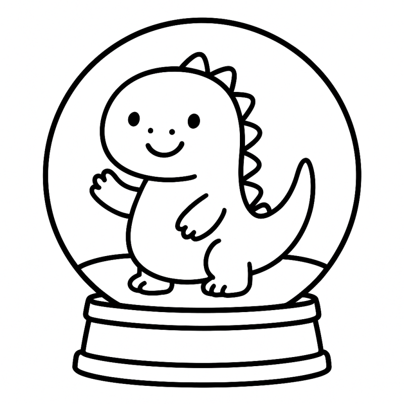 Desenho de dinossauro fofo dentro de bola de neve para colorir