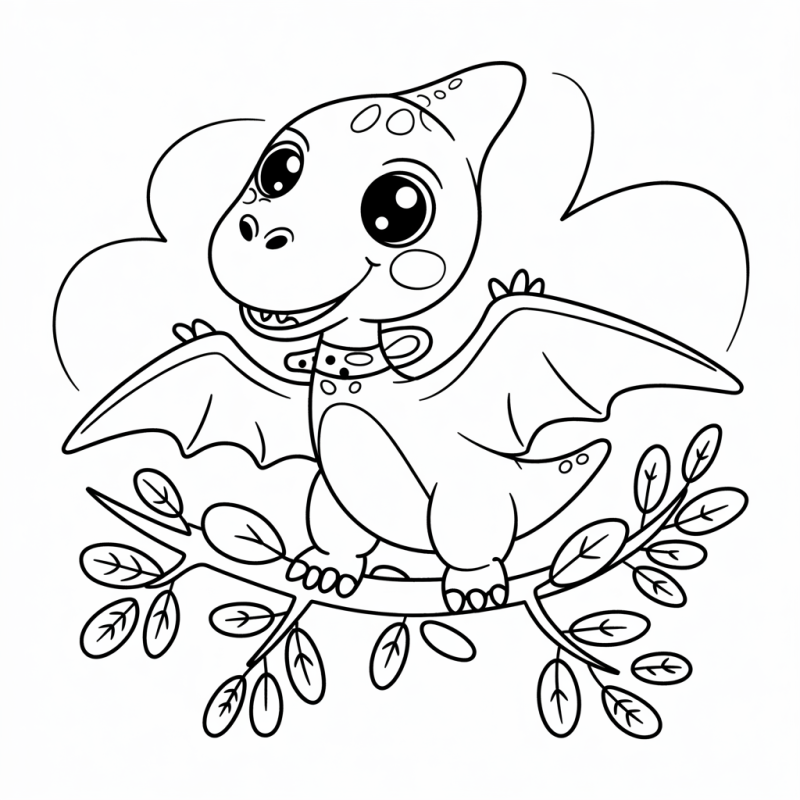 Desenho fofinho de pterodáctilo infantil em galho de árvore para colorir