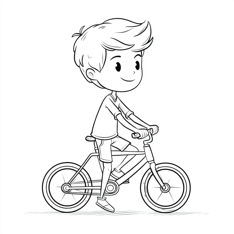 Desenho de personagem infantil sorrindo andando de bicicleta para colorir.