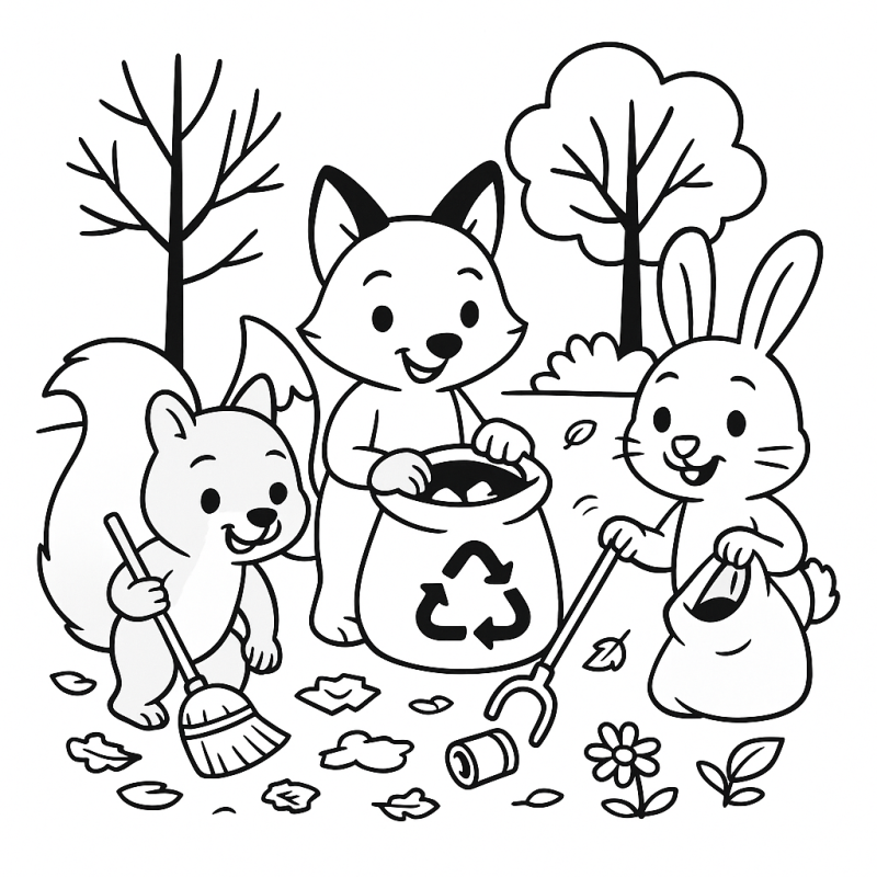 Desenho de animais reciclando em um parque para colorir
