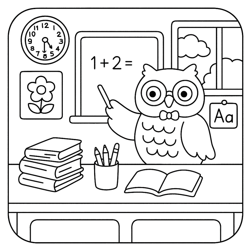 Desenho de coruja fofa como professora ao lado de um quadro negro