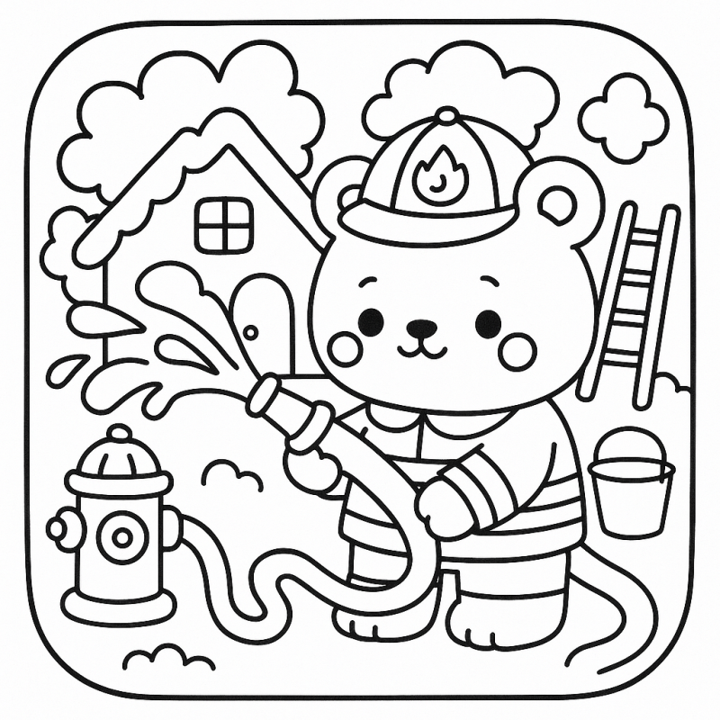 Desenho de urso bombeiro fofo em estilo Boobie Goods para colorir