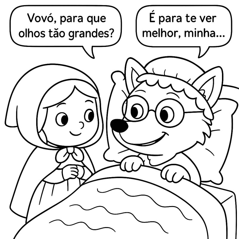 Cena de Chapeuzinho Vermelho com o Lobo disfarçado de vovó para colorir