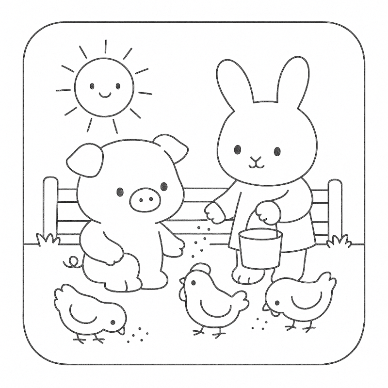 Desenho fofinho de fazenda com coelho e porquinho para colorir