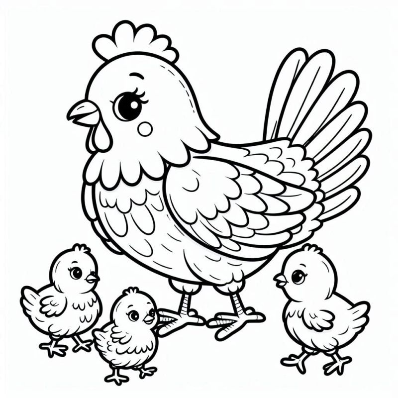 Desenho de galinha com pintinhos para colorir