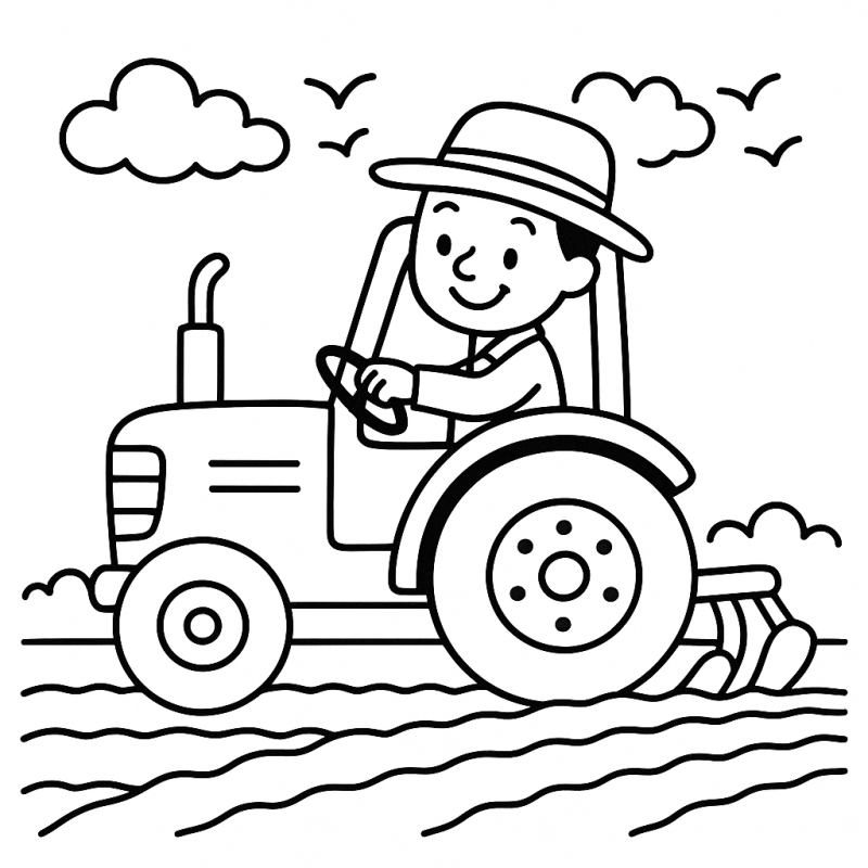 Fazendeiro Sorridente no Trator para Colorir