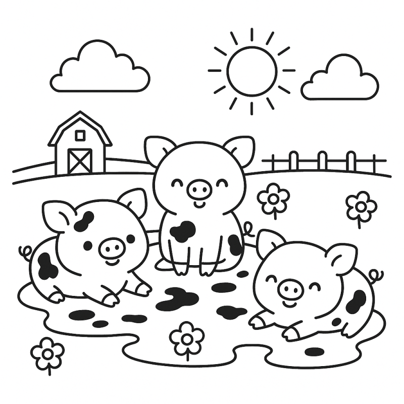 Desenho de Três Porquinhos Brincando na Lama