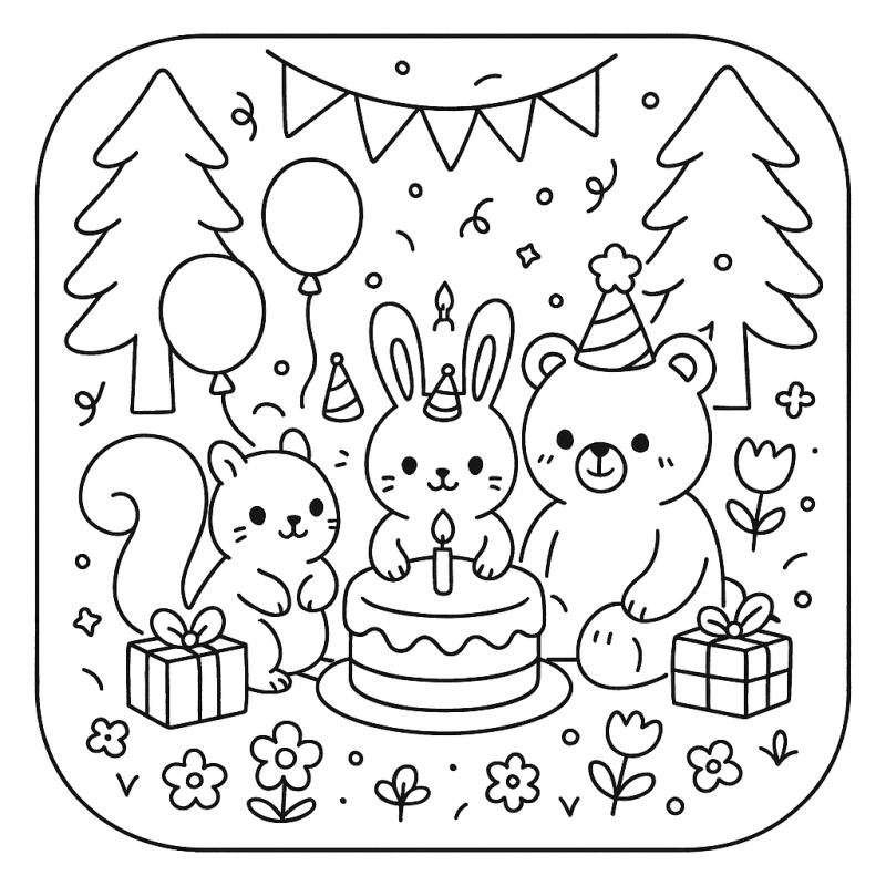Cena de Festa de Aniversário com Animais Fofos - Pintar e Colorir Desenho de festa de aniversário com coelho, esquilo e urso em estilo Boobie Goods