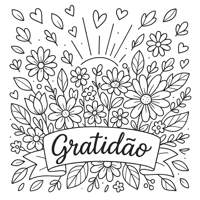 Desenho para colorir com tema de gratidão e flores ao redor.
