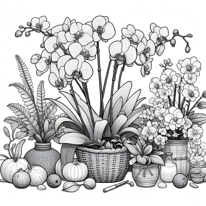 Desenho detalhado de arranjos florais com orquídeas e outras plantas para colorir