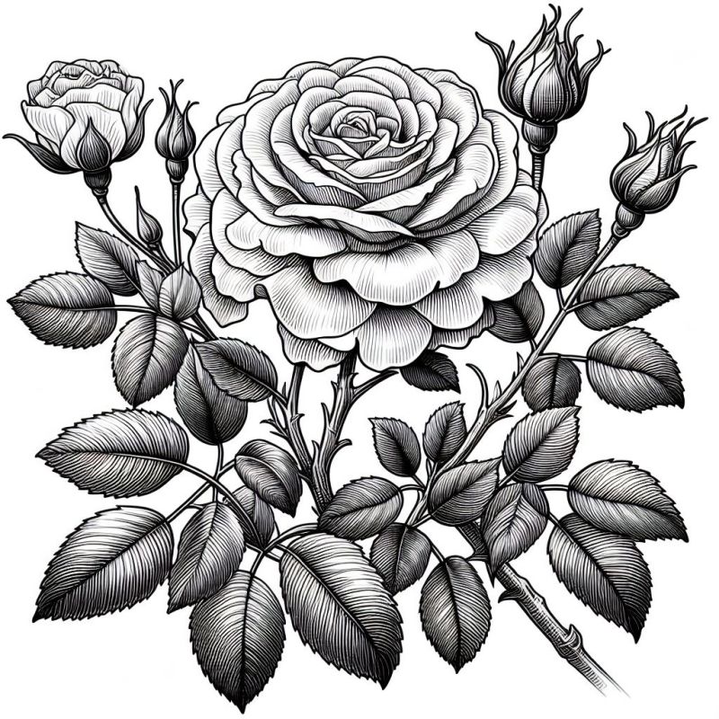 Ilustração em preto e branco de um ramo de rosas, com uma rosa completamente aberta e detalhes realistas