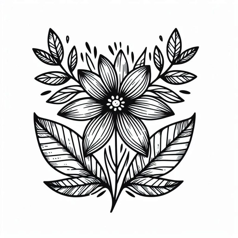 Desenho de flor estilizada em preto e branco com detalhes complexos para colorir