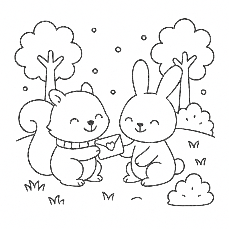 Desenho de esquilo com cachecol e coelho sorridentes para colorir