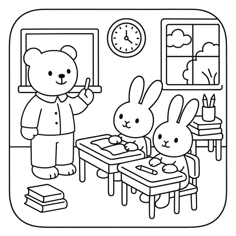 Desenho de urso professor e coelhinhos em sala de aula fofinha para colorir