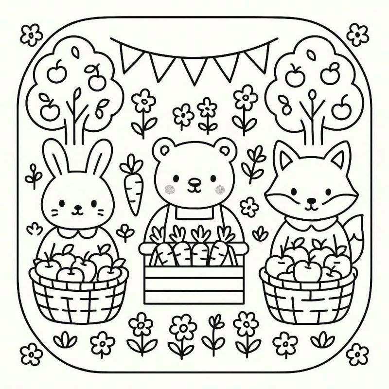 Colorindo a Cena Encantadora: Coelho, Urso e Raposa Desenho de coelho, urso e raposa em ambiente festivo para colorir