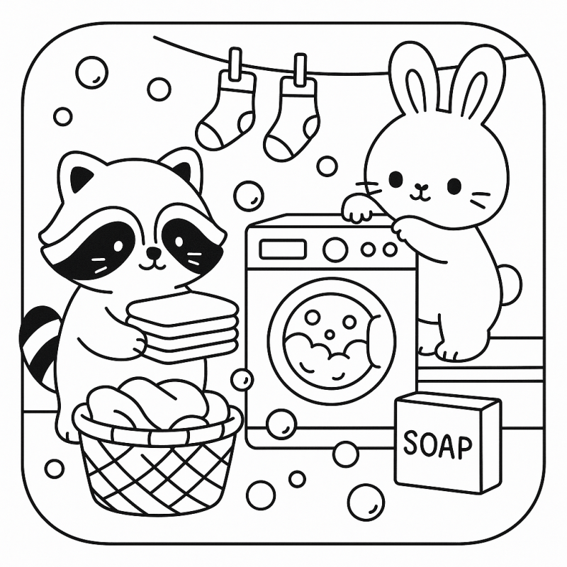 Guaxinim e coelho divertidos na lavanderia com bolhas - Boobie Goods para colorir